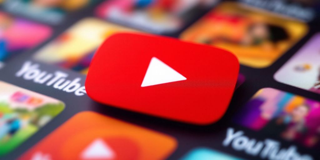 Colorful YouTube play button with video thumbnails.