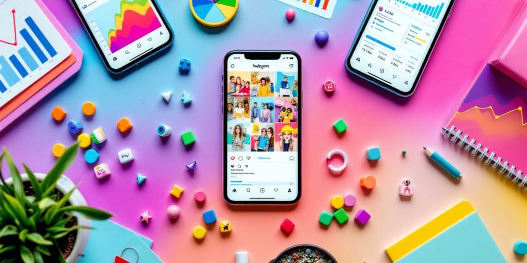 Smartphones with Instagram profiles and colorful marketing tools.