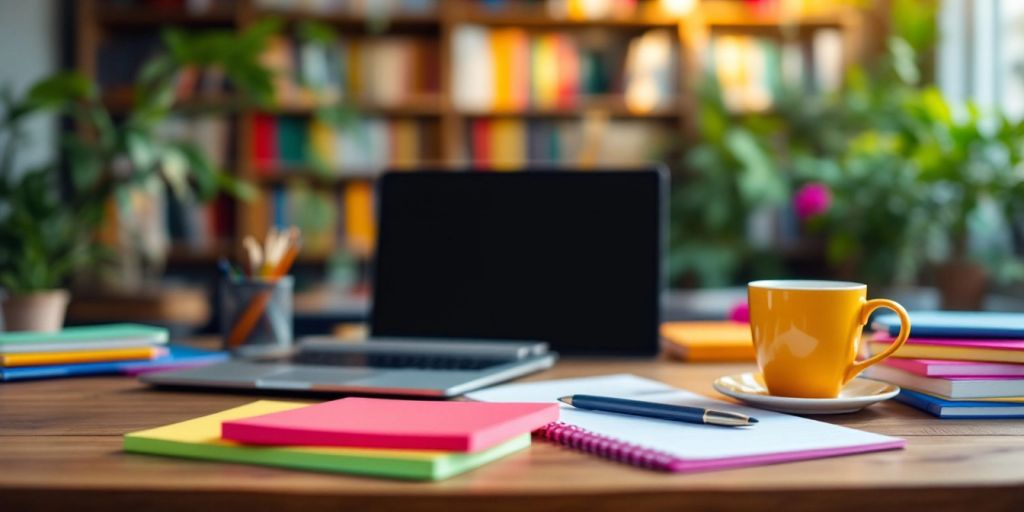 A creative workspace with a laptop and notepads.