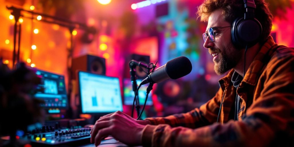 Podcaster in a studio with microphones and headphones.