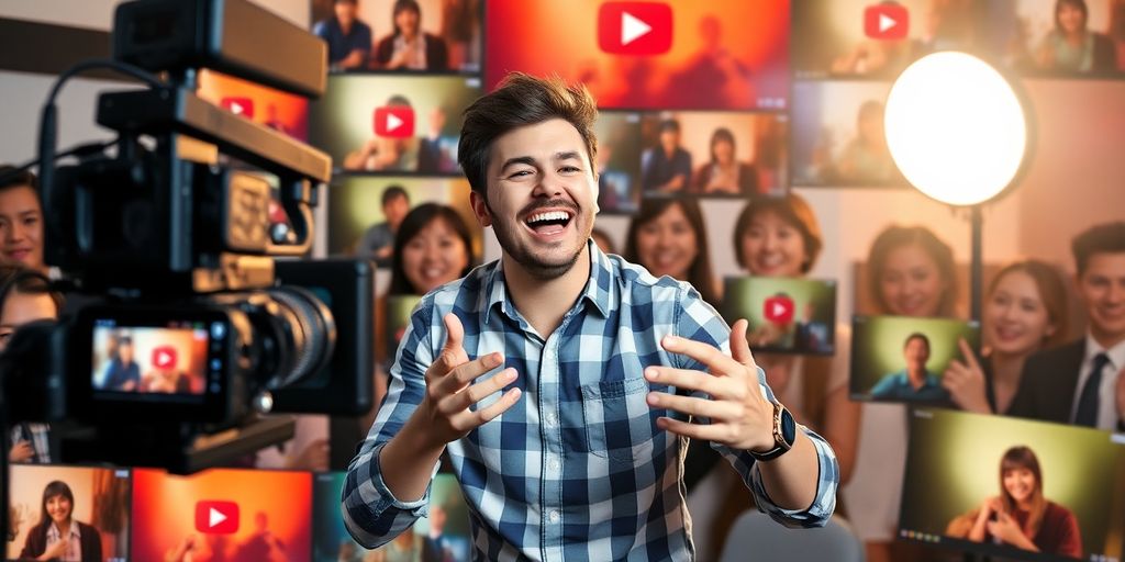 Content creator filming with vibrant video thumbnails around.