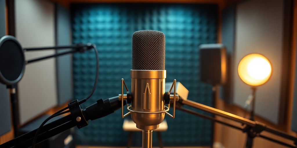 Close-up of a microphone in a recording studio.