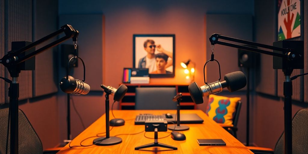 A cozy podcast studio with microphones and warm lighting.