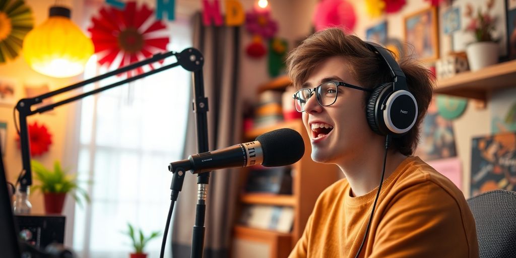 Young podcaster in a cozy home studio setup.