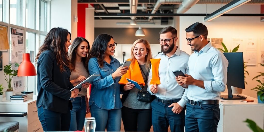 Diverse professionals collaborating in a modern office setting.