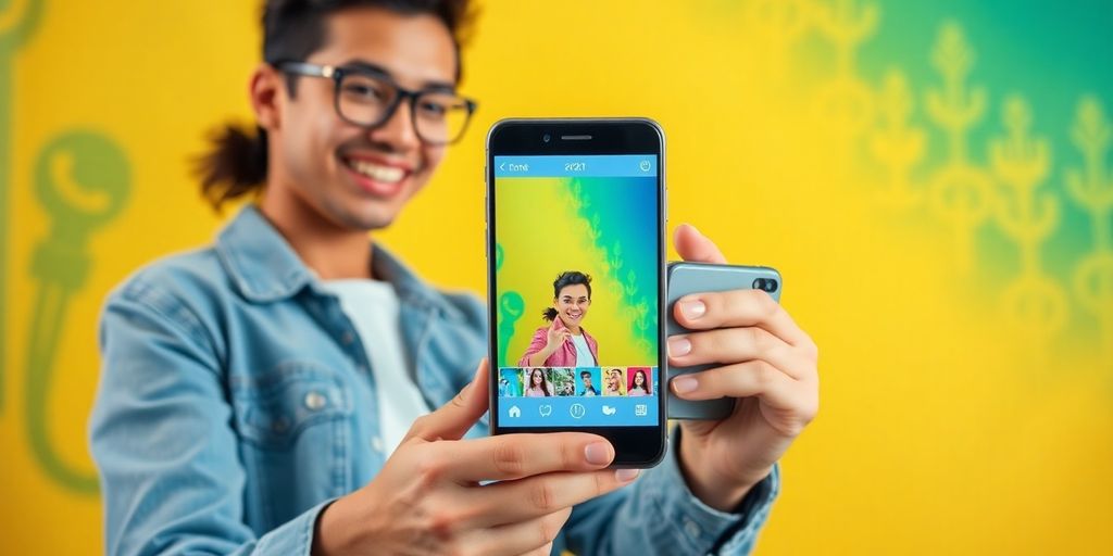 Person creating Instagram Reels with a smartphone, bright colors.