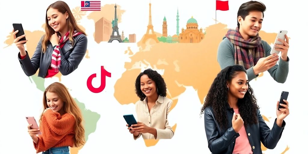 Diverse people engaging with TikTok on smartphones around the world.