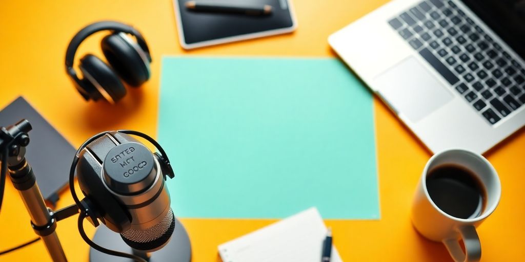 Bright podcasting workspace with microphone and laptop.