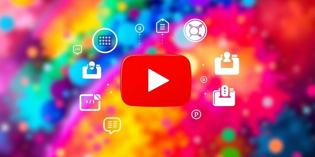 Colorful YouTube play button and digital icons for keywords.