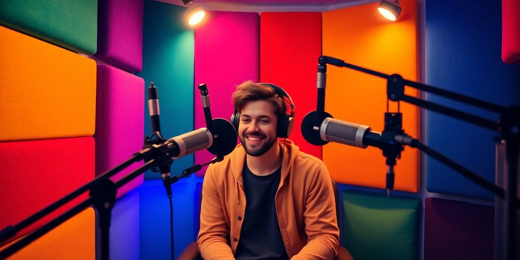 Person recording a podcast in a colorful studio setting.