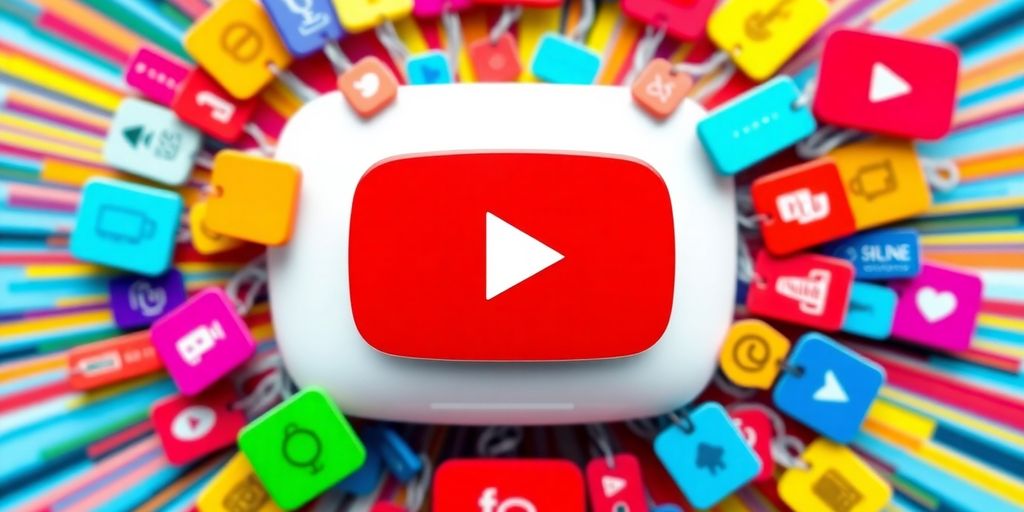 YouTube logo with colorful video tags around it.